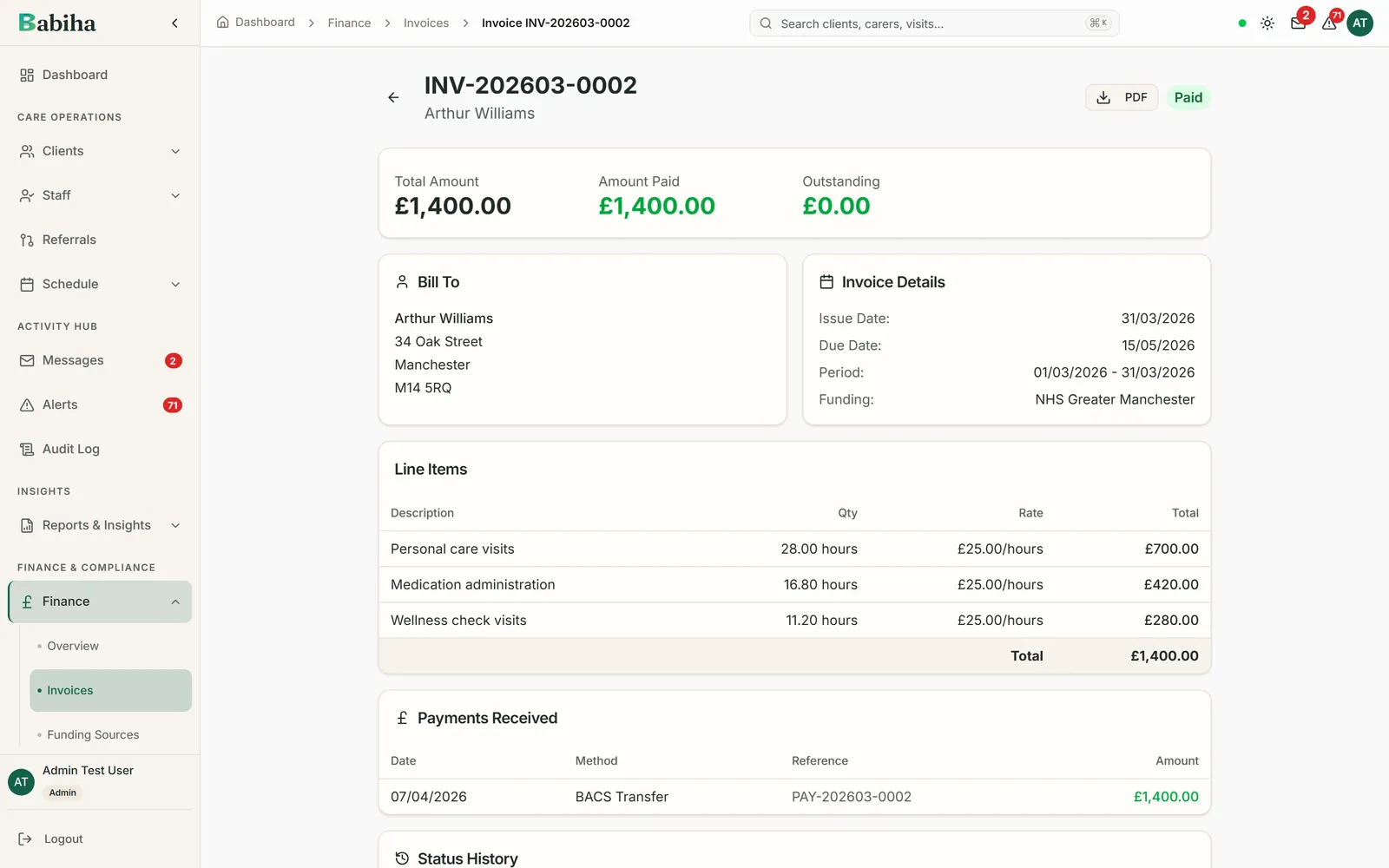 An invoice showing its line items, the visits behind them and the total due